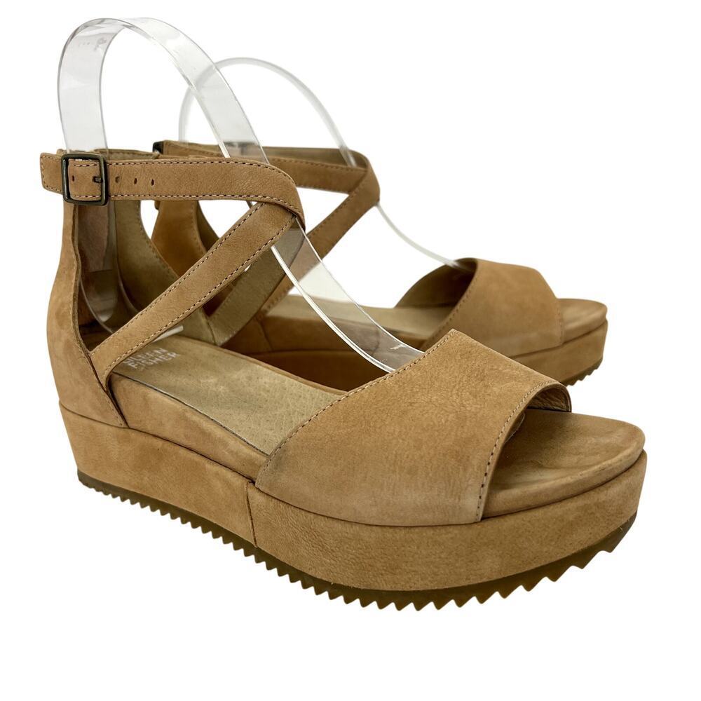 Eileen Fisher Emmy Tumbled Nubuck Leather Platform Wedge Sandal 6.5 Nude Beige
